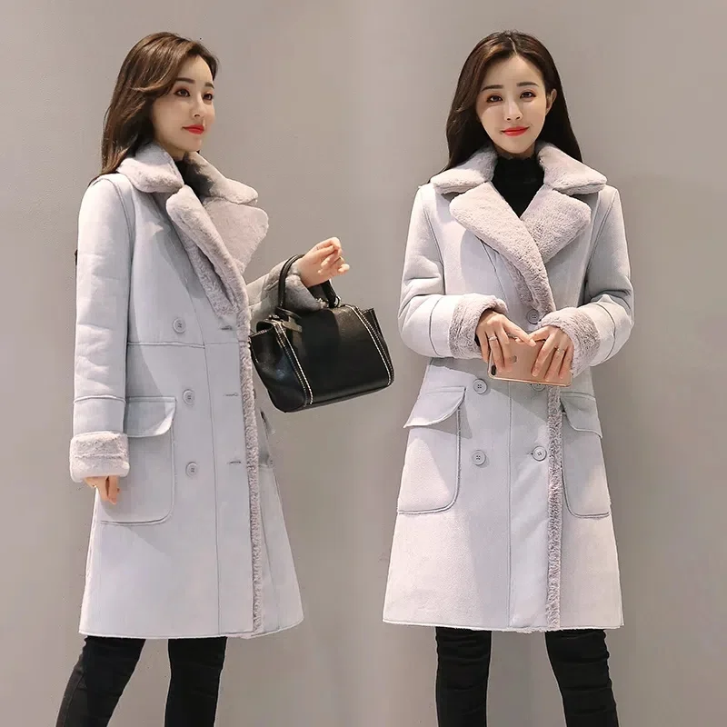 Deerskin Cashmere Lamb Wool Coat 2023 Winter New Women's Cotton Clothing Slim Slim Medium Long Coat Over The Knee Solid Color X4