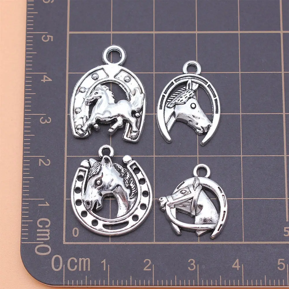 Charms For Jewelry Making Antique Silver Color Lucky Horsehead Horseshoe Charms Collection  Lot Car Accessories 4pcs