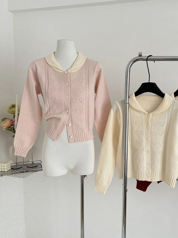 Harajuku Button Cardigan Women Peter Pan Collar Long Sleeve Autumn Winter Knitted Sweater Korean Sweet Loose Slim Acrylic Tops