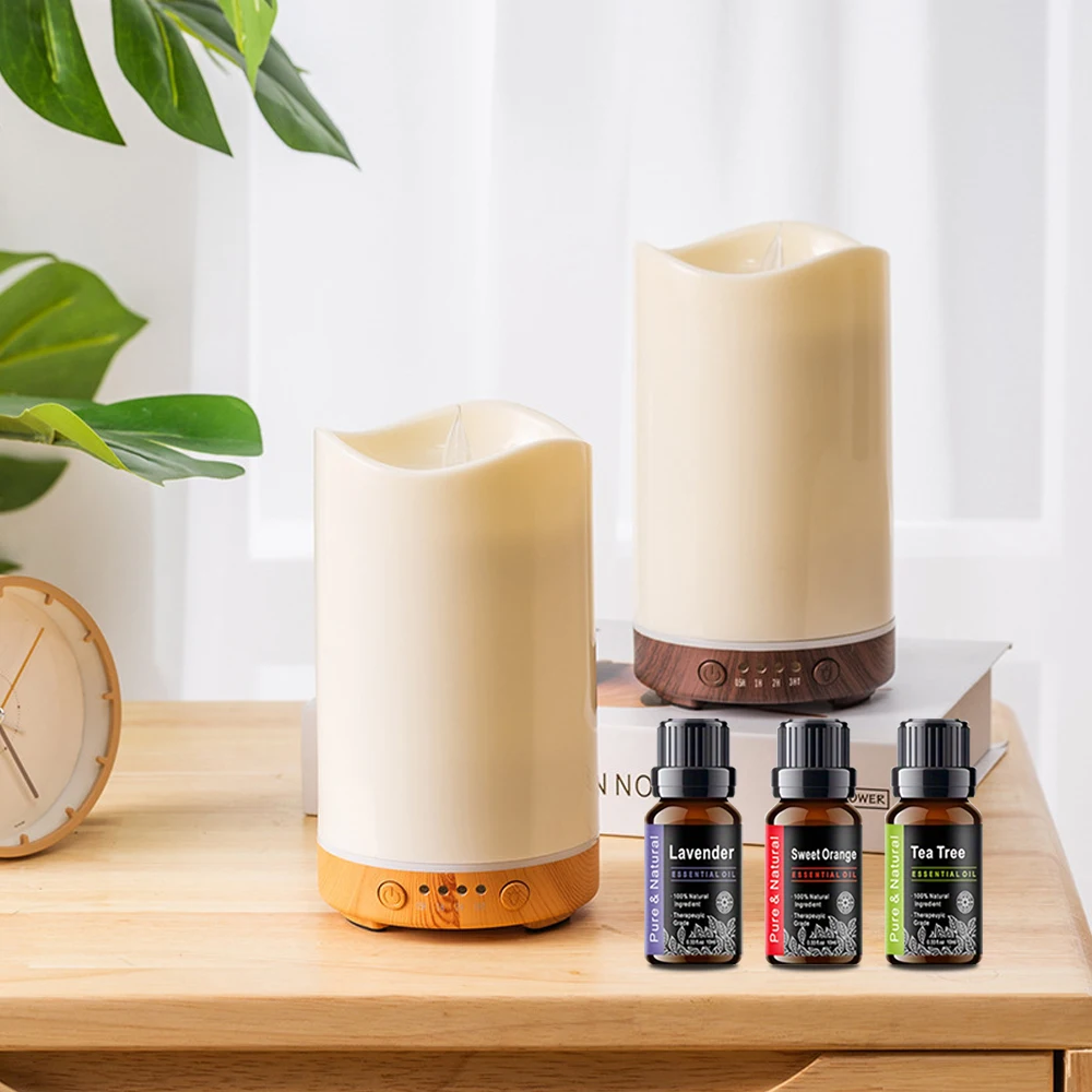 Humidificador difusor de aroma de vela con temporizador, luz nocturna multicolor, 3 aceites esenciales incluidos Olor para cuartos aceites esenciales