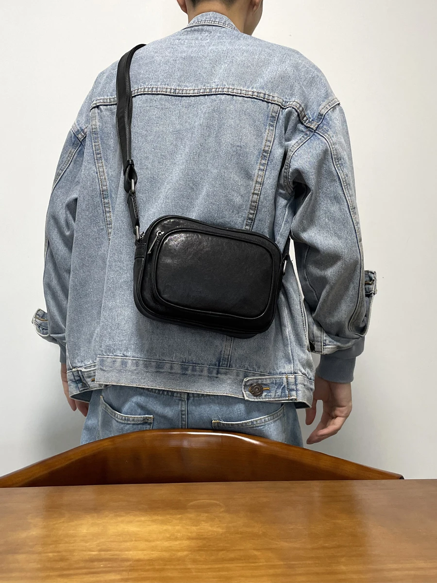 

PNDME fashion casual luxury genuine leather men's small crossbody bag outdoor sports travel handmade cowhide black shoulder bag