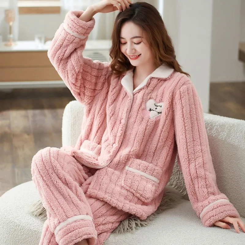 2023 New Women Pajamas Thickened Autumn Winter Flannel Loungewear Middle-aged Nursing Clothes Plus Long Sleeves Warm Sleepwear