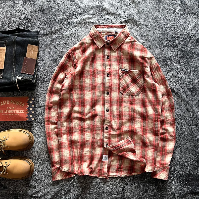 Retro Washed Fleece Long Sleeve Casual Shirt Youth Versatile Plaid Men's Jacket Trendy Autumn Cotton Polyester Blend Button up