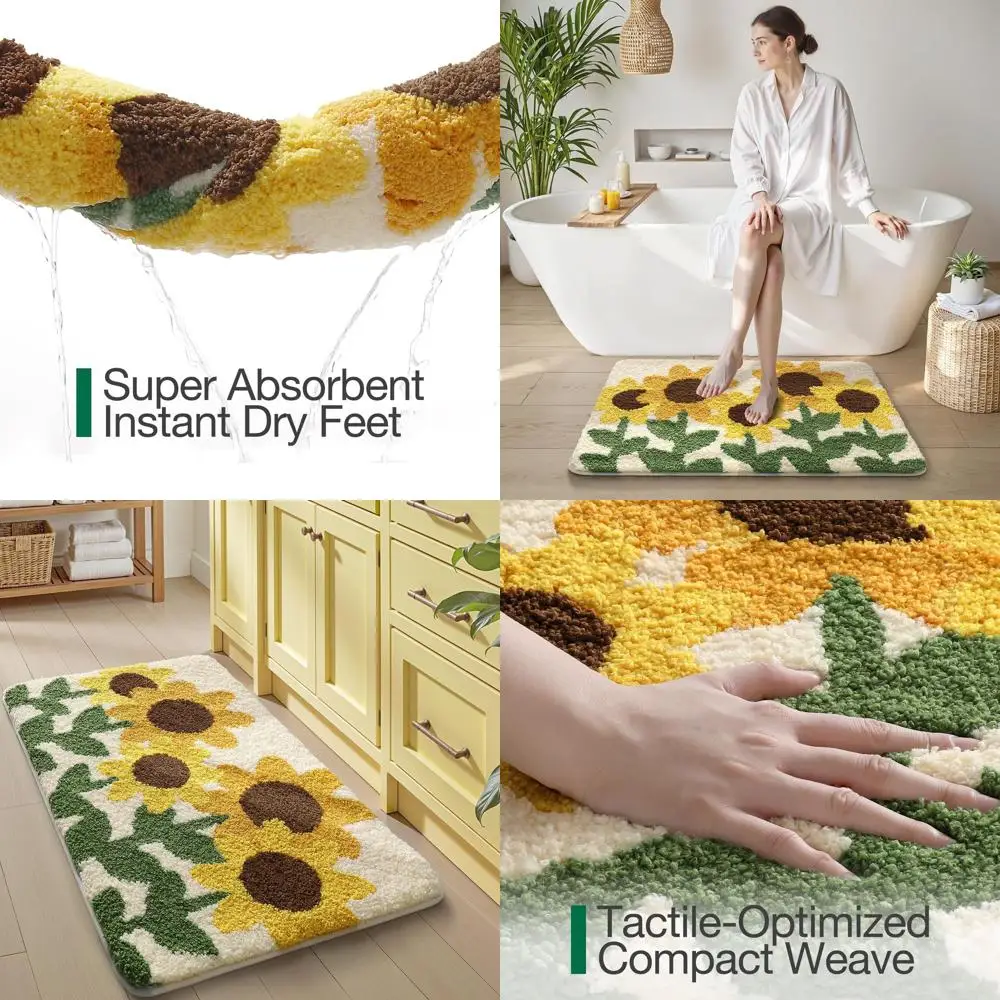 

24x36 Soft Microfiber Bath Rugs with Non-Slip Backing, Machine Washable for Bathroom, Shower, and Bathtub, Sunflower Design