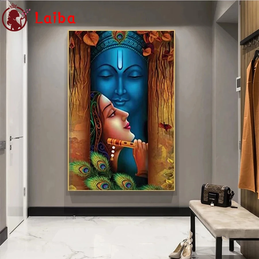 DIY Diamond Mosaic Painting of Lord Radha Krishna with Fute, Hindu God Buddha, Full Drill Square Cross Stitch, Handmade Hobby