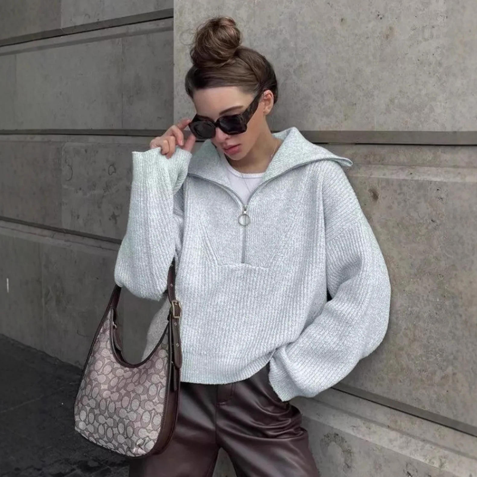 

2025 Autumn Winter Fashion Street Style Women's Knitted Tops Retro Solid Color Lapel Long Sleeve Loose Top Casual Daily Sweater