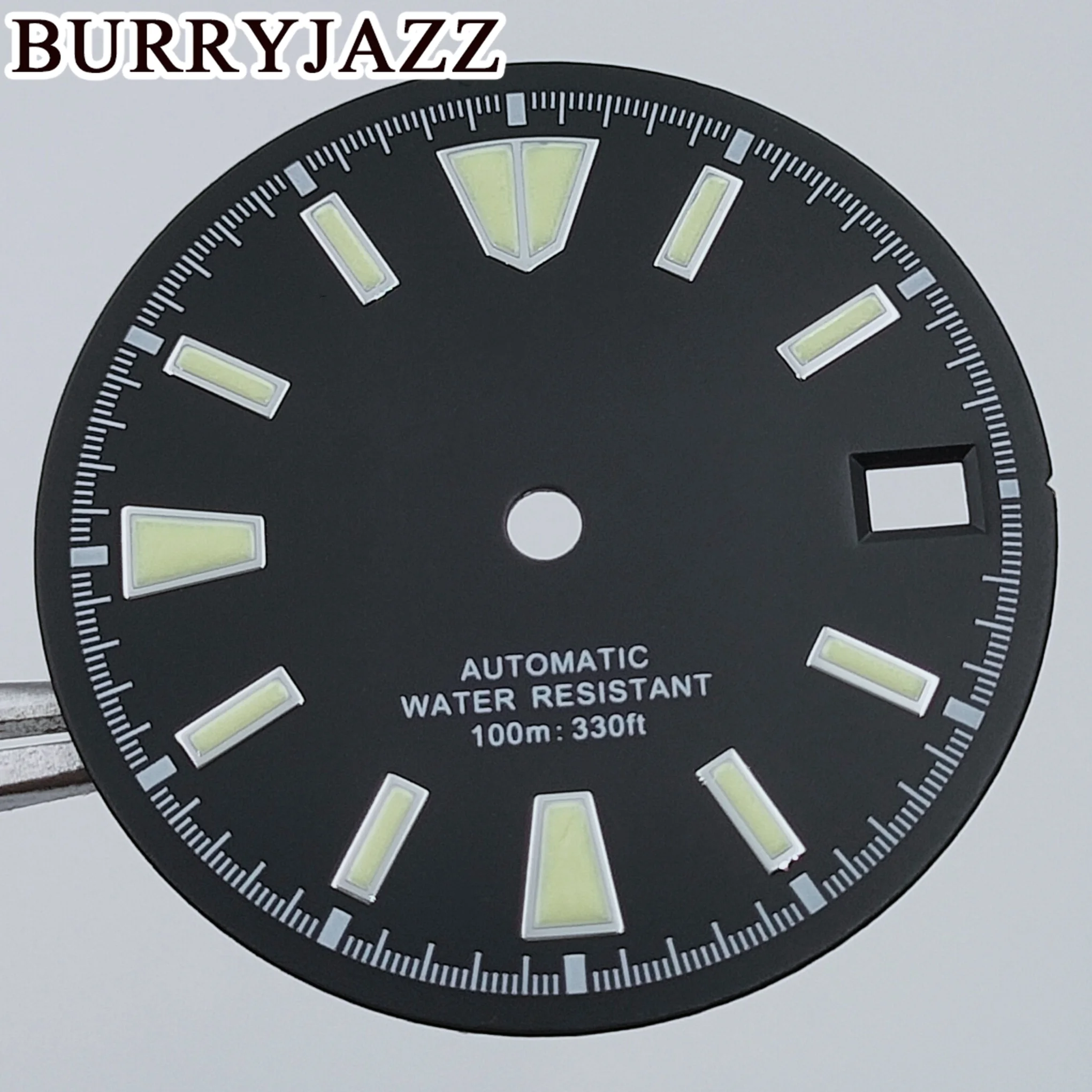 قرص ساعة Burryjazz مضيء ، بدون شعار ، قرص أسود ، ساعة 3: 00 ، علبة ساعة التاج ، NH35 ، 29