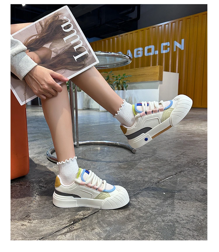 Macaron-Farbblock-Skateschuhe aus Kunstleder für Damen, Wave-Shell-Zehenkappe, Schnürschuhe, Low-Top-Sneaker mit pastellfarbenem Kontrastbesatz – Detail 21