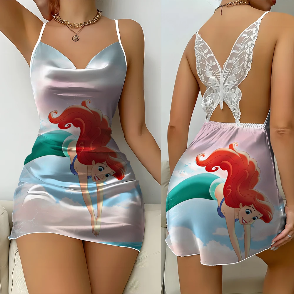 New summer Disney mermaid princess print fashion simple lace backless sexy frosted cute butterfly female nightdress