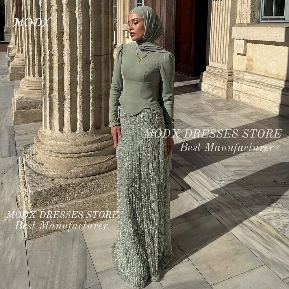 MODX Modest Salbeigrünes, mit Perlen verziertes, saudi-arabisches Abendkleid mit langen Ärmeln, maßgeschneiderte formelle Promi-Kleider, Partykleid, Quinceanera