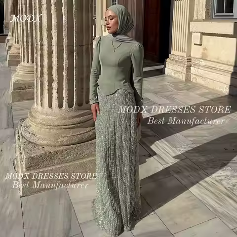 MODX Modest Sage Green Beading Saudi Arabic Evening Dress Long Sleeves Customized Formal Celebrity Gowns Party Dress Quinceanera