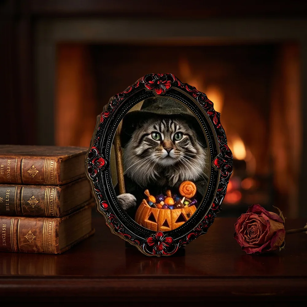 Vintage Halloween Animal Wooden Fridge Magnet, Ornate Photo Frame for Cat & Dog, Rustic Home Decor for Kitchen, Spooky Cute Gift
