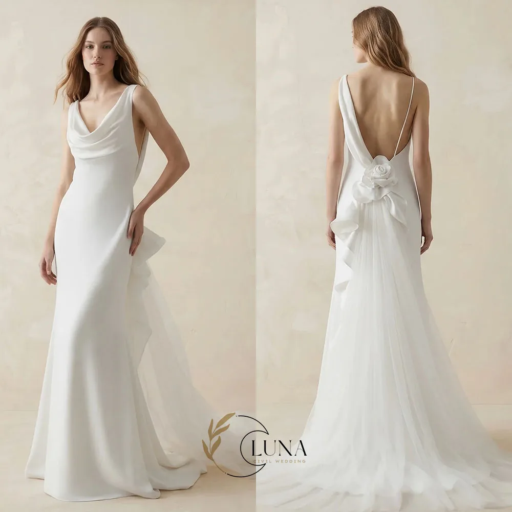 Luna Customized Crew Collar Civil Wedding Dresses Mermaid Backless 3D Flowers Floor-Length Long Bride's Dresses vestido de novia