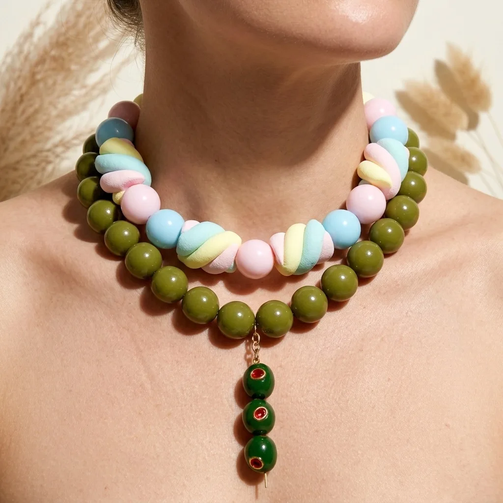 Bohemian Acrylic Round Beaded Olive Fruit Marshmallow Ladies Necklace Macaron Candy