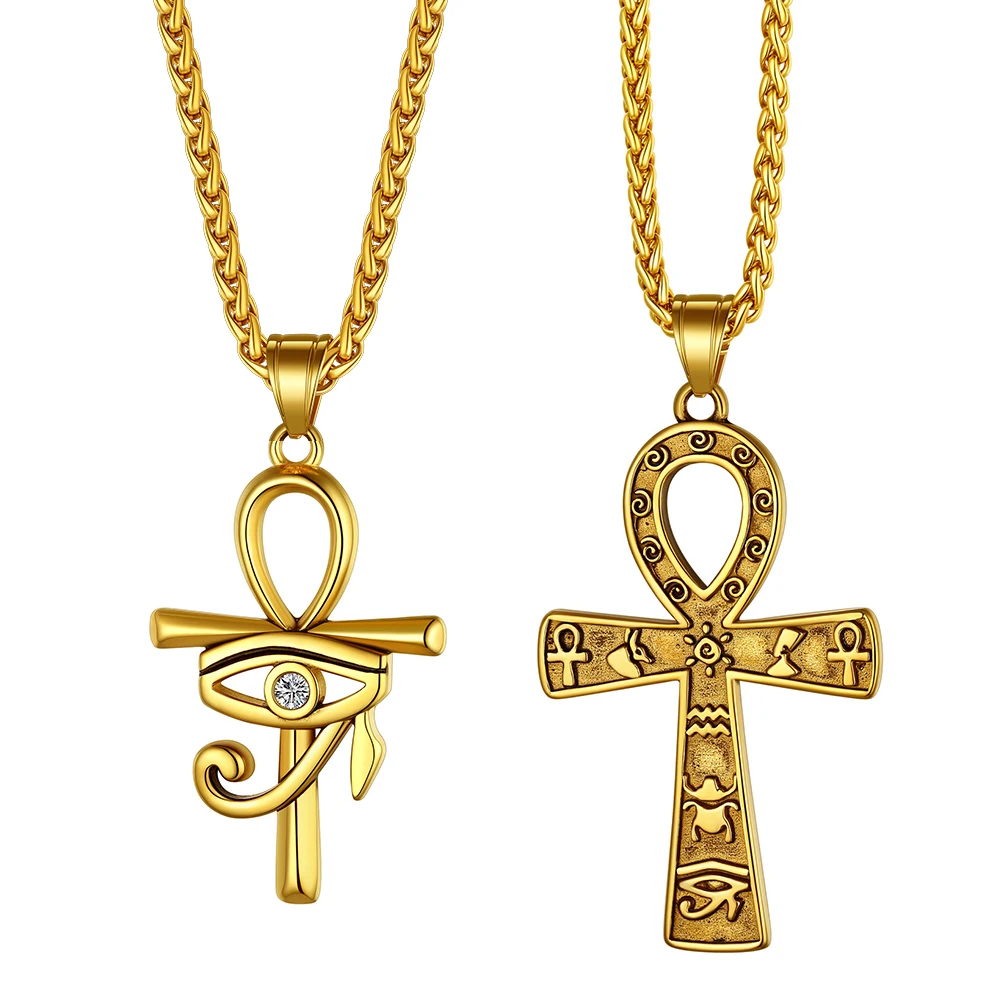 

U7 Stainless Steel Ankh Cross Necklace for Men Women Eye of Horus 3mm Link Chain Ancient Egyptian Life Symbol Religious Jewelry