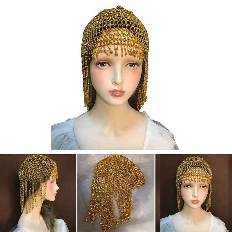 Beaded Cap Headpiece for Women Exotic Cleopatra Headwrap Belly Dance Hair Accessory for Party Wedding Performance Dropship