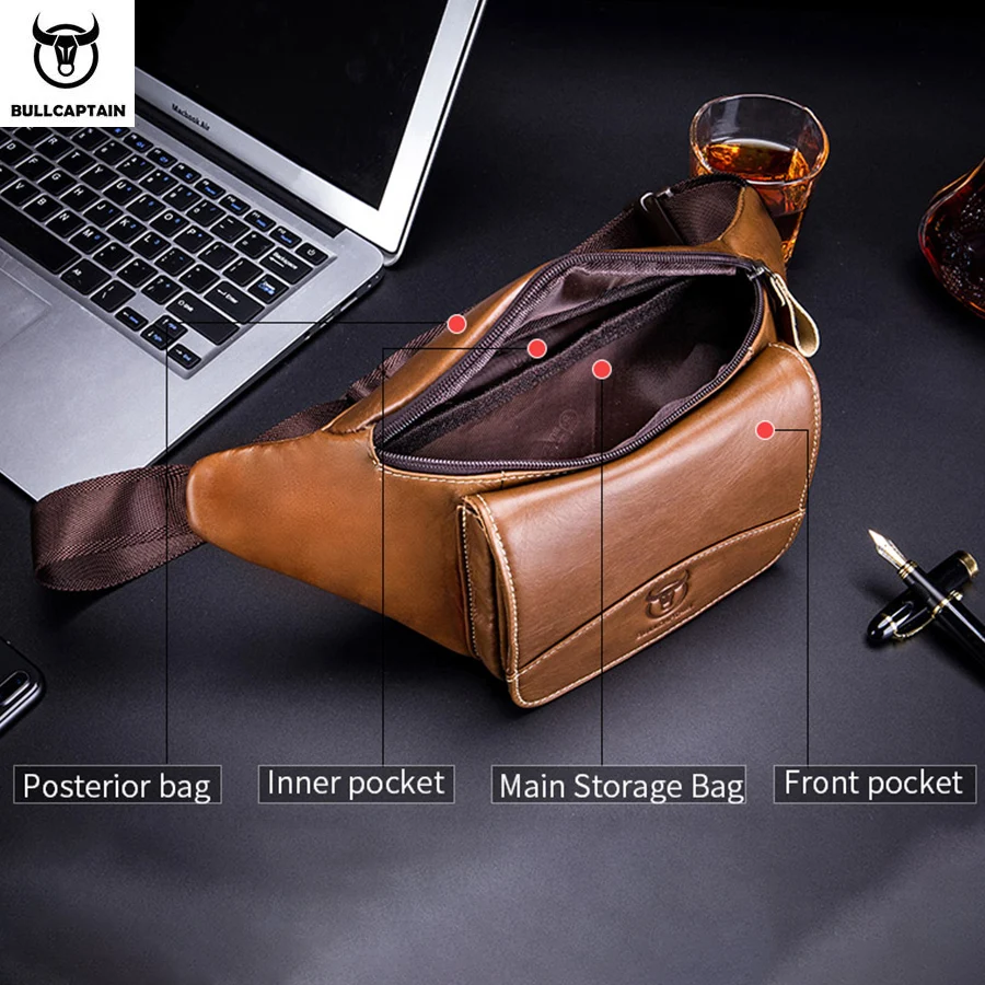 BULLCAPTAIN Crazy Horse tas pinggang pria, tas pinggang, tas bahu dada kecil, Tas Pinggang ponsel, tas kulit kuda gila YB075