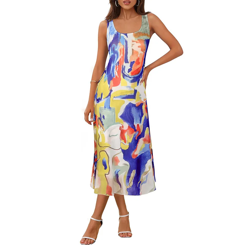 

Hot Selling Dressy Backless Colour Block Print Suspender Vest Midi Dress for Lady Swing Loose Boho Mesh Holiday Beach Sundress