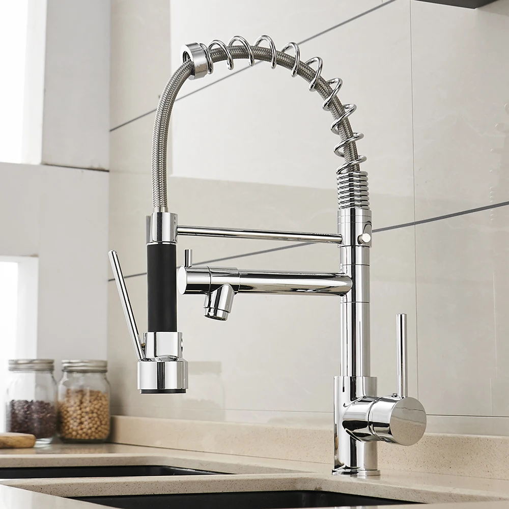 Fashion Spring Style Brushed Nickel Kitchen Faucet Hot and Cold Pull out Rotatable Swivel Water Outlet Mixer Tap 866021