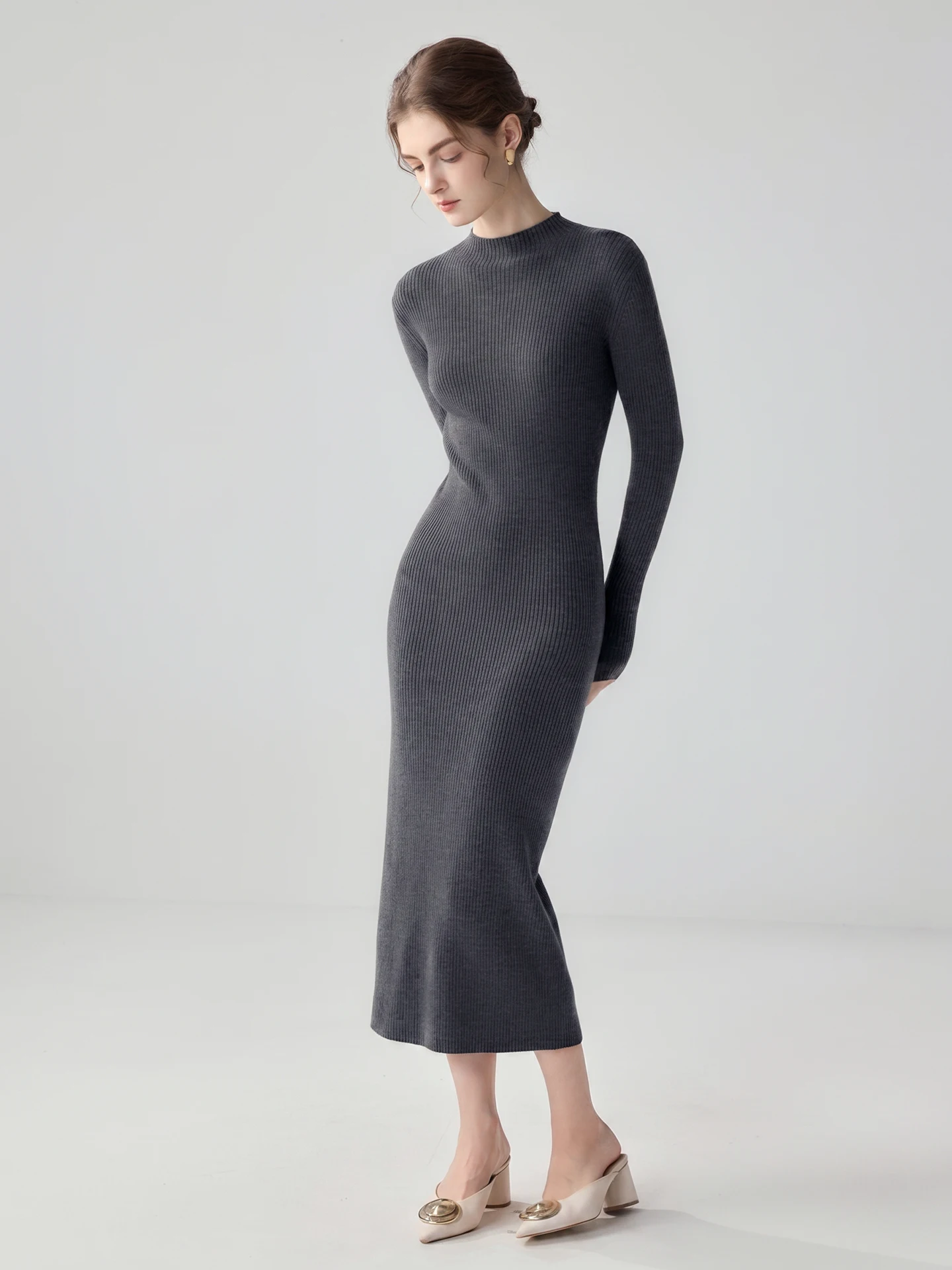 TLOML Women's 100% Cashmere Sweater Dresses Mock Neck Pit Striped Long Skirt Autumn Winter Cashmere Knitwear Comfy Slim Dresses