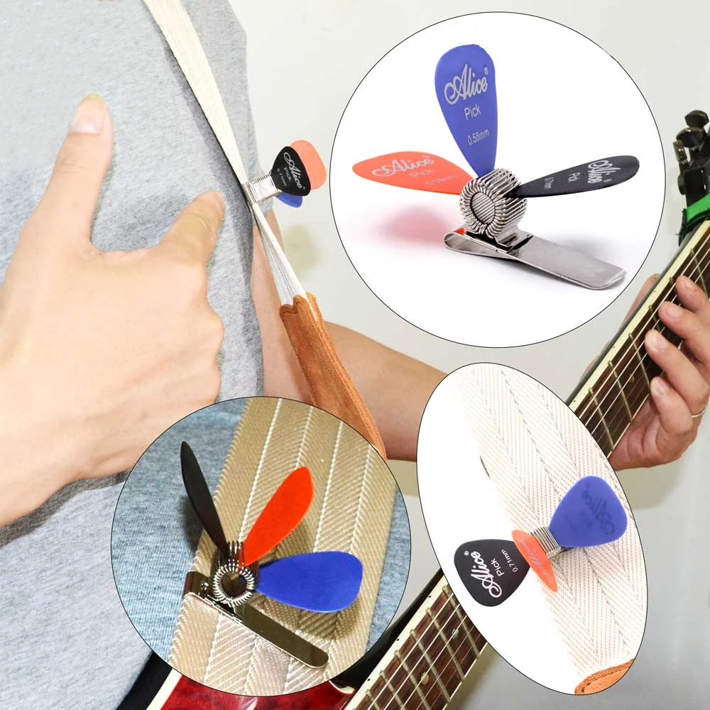 Universal pick gitar logam pemegang klip dengan 3 Pcs pilihan gitar warna acak aksesoris gitar umum