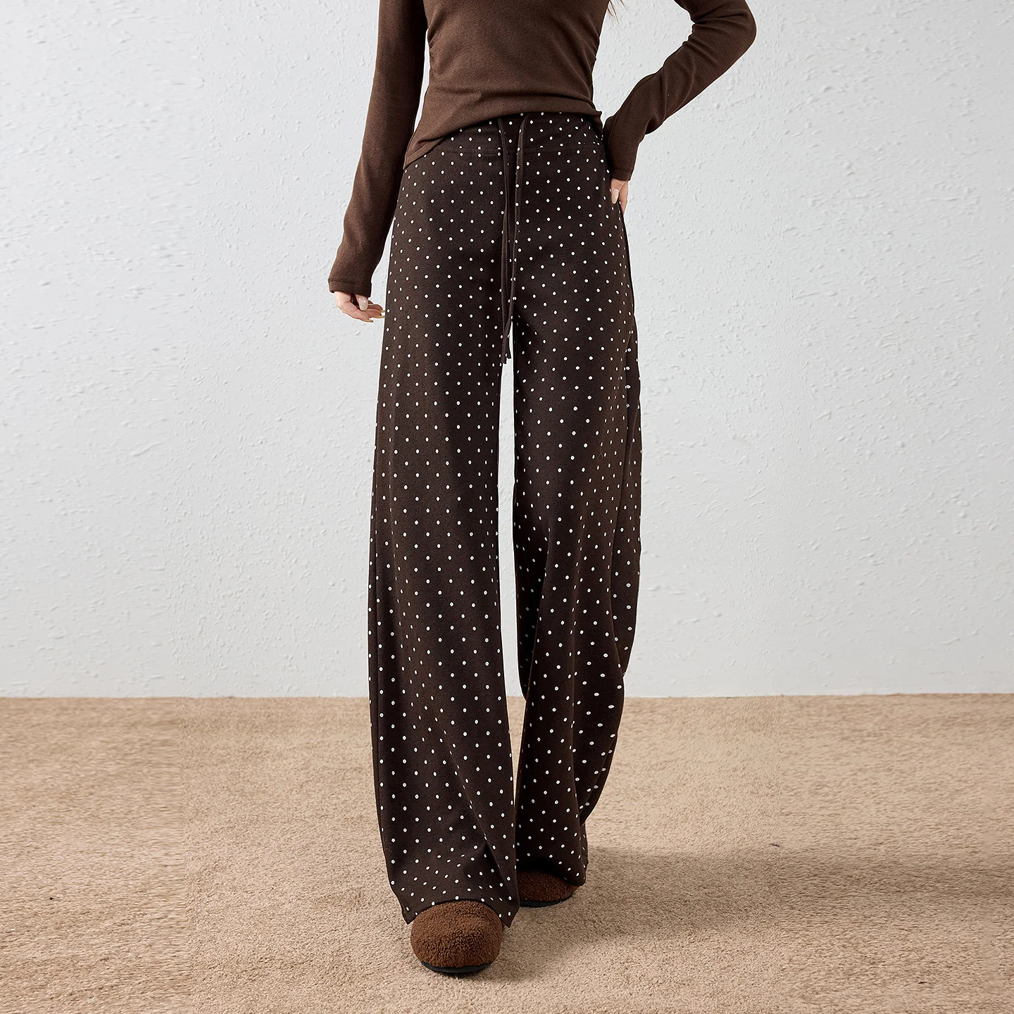 TOYOUTH Women Casual Pants 2026 Winter New Vintage Polka Dot Mid Rise Elastic Waist Loose Drape Wide Leg Trousers