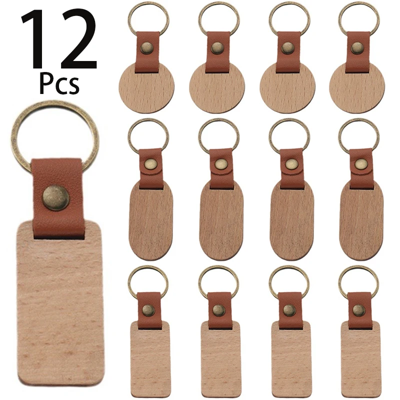 

12Pcs Blank PU Wooden Keychains Retro Key Chain Beech Metal Key Chain Pendant Gifts