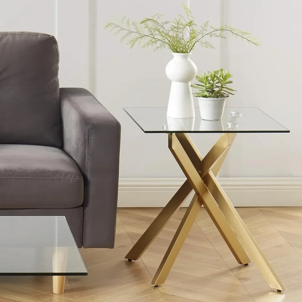 Modern Style Square Side Table With Tempered Glass Top and Metal Tubular Legs Freight Free Furniture Coffee Living Room Home