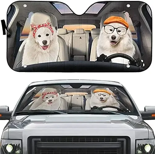 PZZ BEACH Cute White Samoyed Windshield Sun Shade for Car Fuzzy Dog Sun Visor Protector Keep Vehicle Cool 57.1 x 27.4 Inch