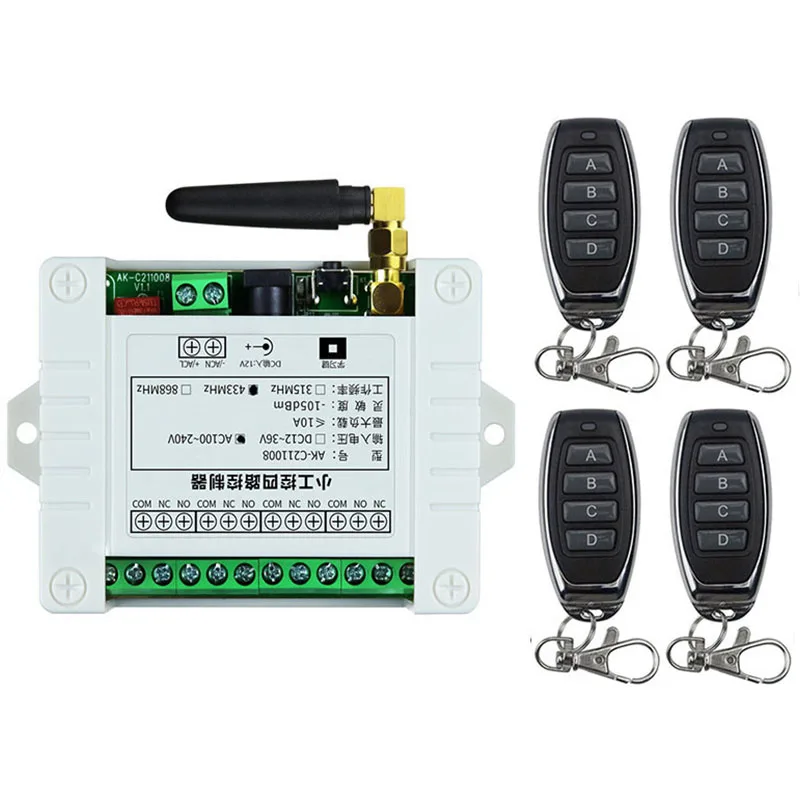 433MHz AC 110V 220V 4CH 4 CH 4 Channel 10A Relay RF Wireless Remote Control Switch System 433 MHz Transmitter And Receiver