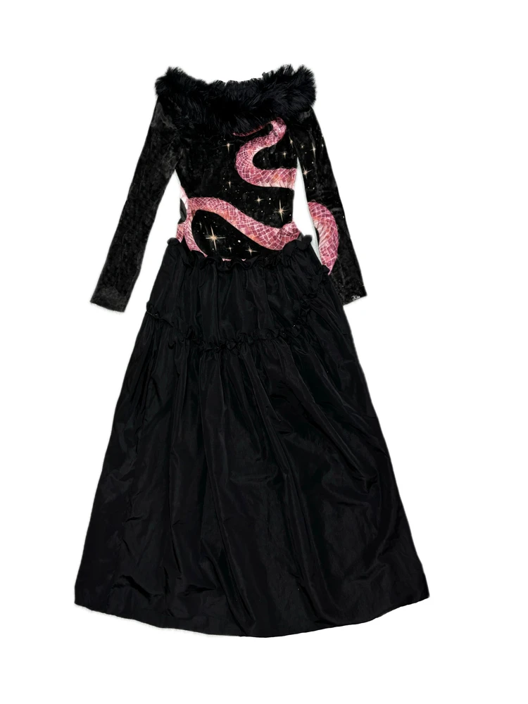 

Платье на осень-зиму с меховым воротником и бахромой, приталенное, из полиэстера, стандартной длины, для повседневной носки, коллекция «Год Змеи»