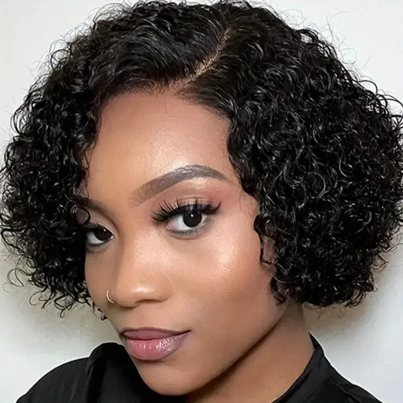 Chic Pixie Cut Lace Front Wig for Women 13x1 HD Transparent 180% Density Brazilian Human Hair Short Curly Black