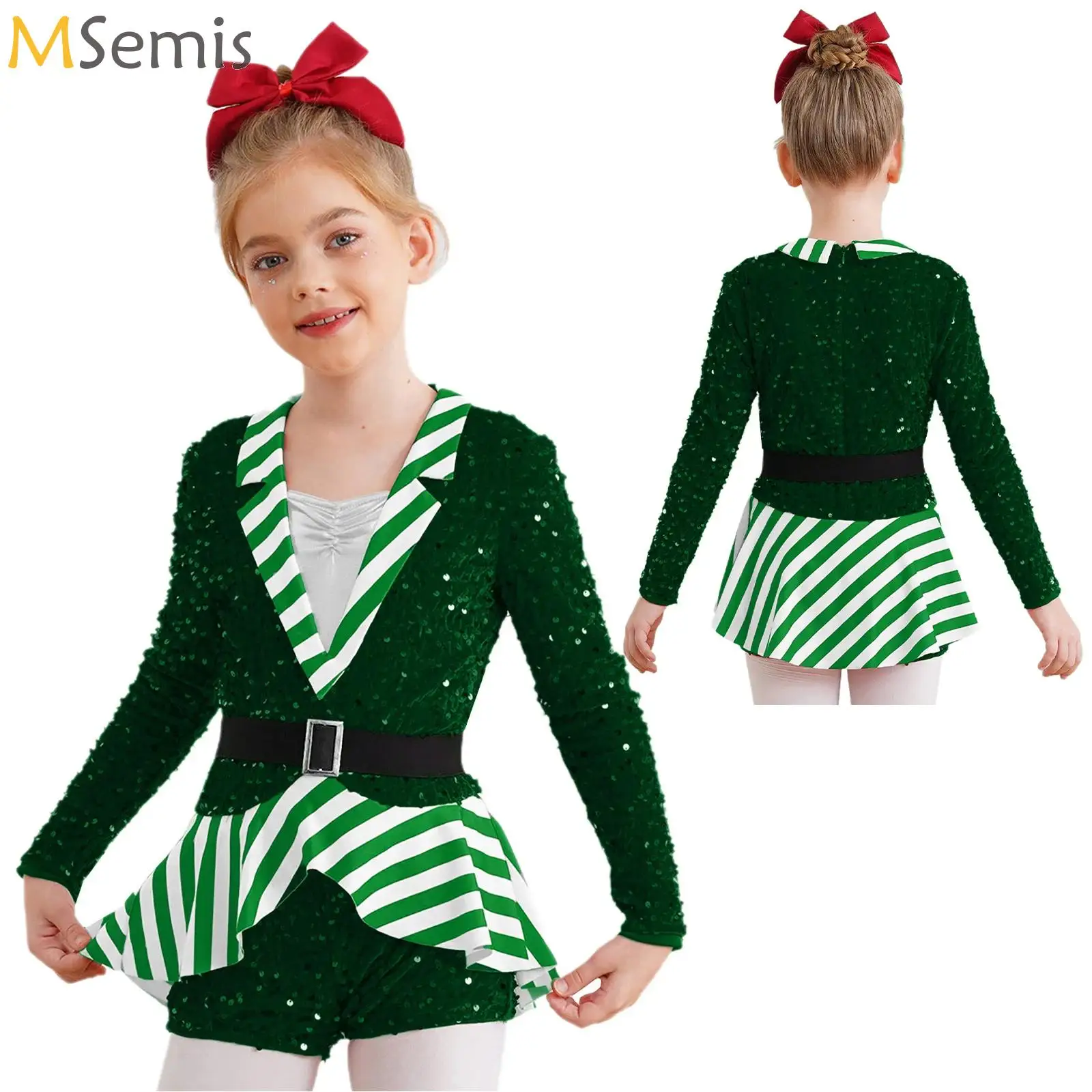 

Big Girls Candy Cane Striped Sequins Ballet Dance Shorty Unitard Dress Christmas Costume Modern Jazz Latin Performance Dancewear