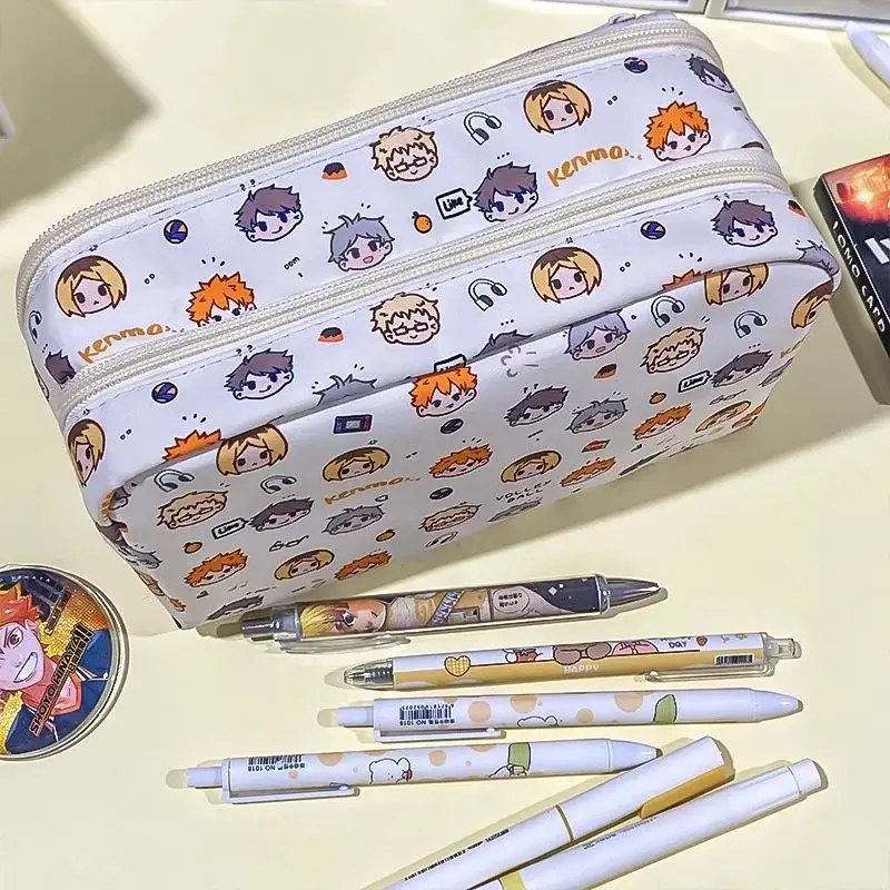 Bandai Haikyuu!! Translucent Pain Pouch Female Double Zipper Pencil Case Student Stationery Storage Pouch Multi-layer Unisex