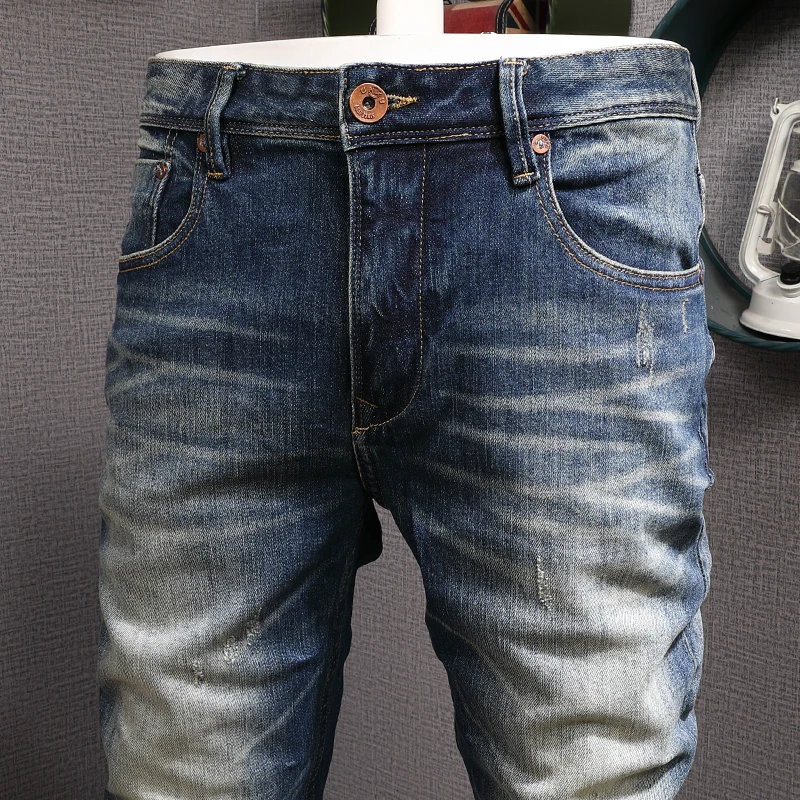 European Trend Fashion Men Jeans Retro Blue High Quality Elastic Slim Fit Ripped Jeans Men Vintage Designer Denim Pants Hombre