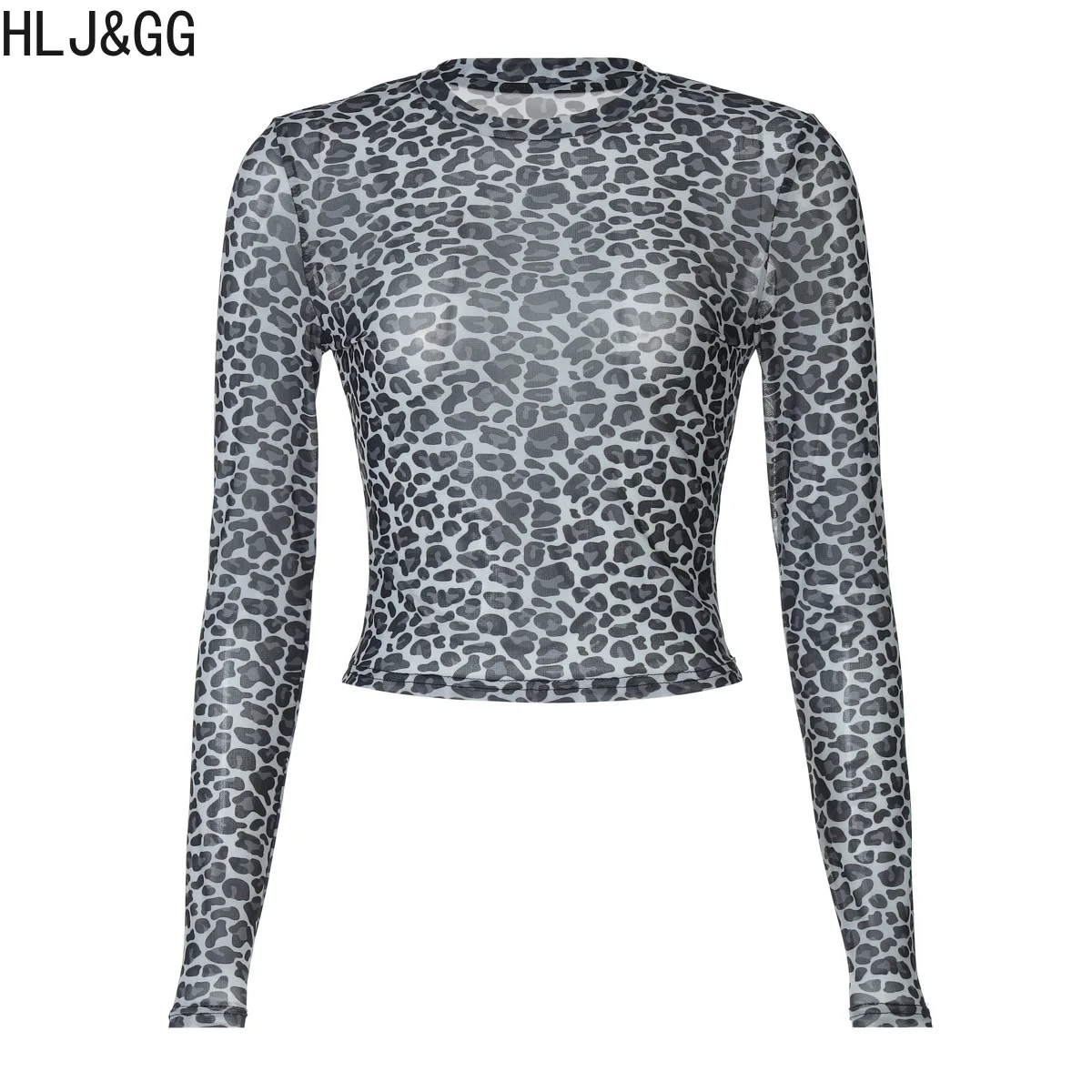 HLJ&GG Fashion Y2K Leopard Print Mesh See Though Two Piece Sets Women Round Neck Long Sleeve Slim Top And Sequin Shorts Outfits