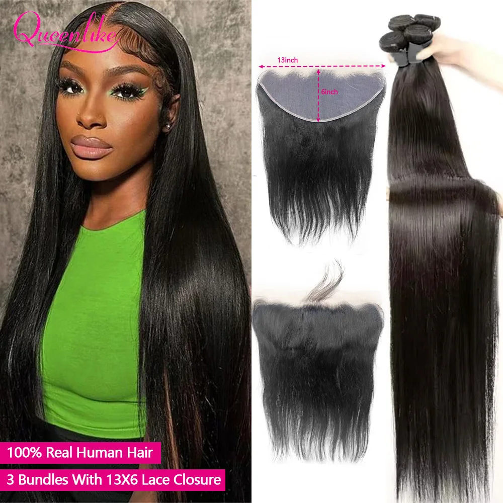 

28 30 32 Inch Straight Human Hair Bundles With Closure Brazilian Hair Extensions Weave 3 Bundles with 13x4 Transparent Frontal