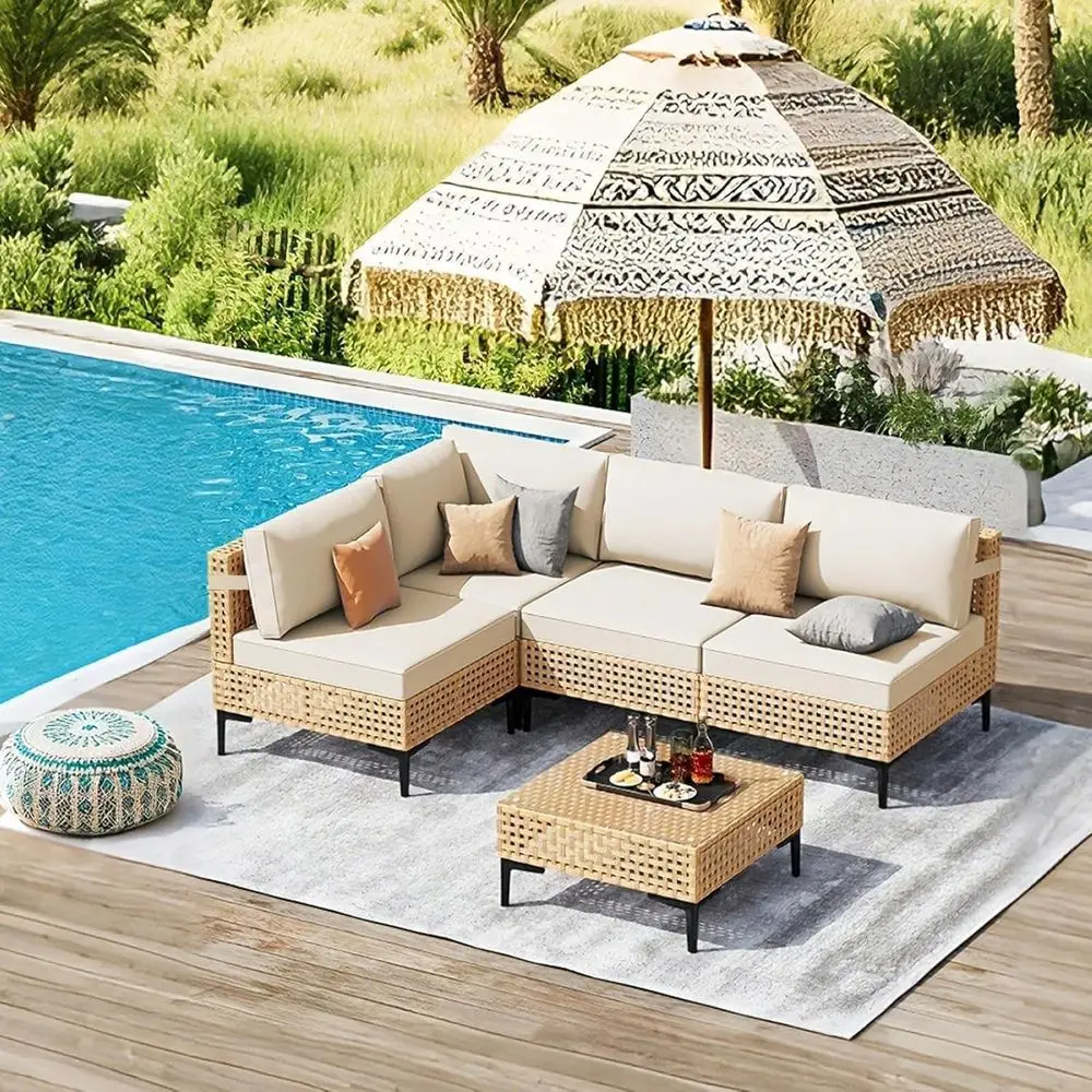 

5-Piece Wicker Outdoor Patio Furniture Set with Cushions and Coffee Table, Boho Style Sectional Sofa for Backyard, Porch, Beige