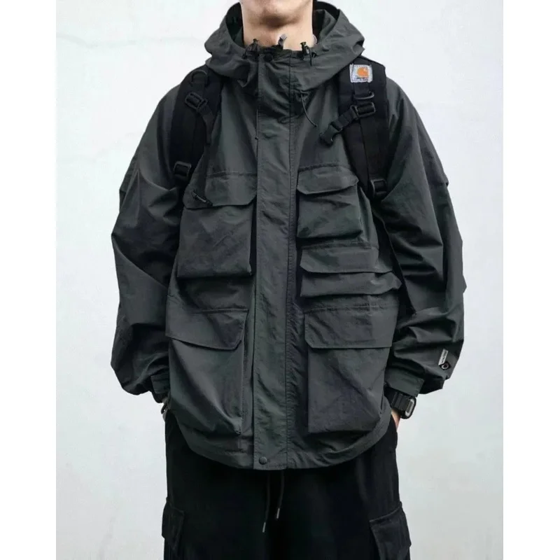 Multi-pocket Streetwear Mountain Hoodie Jacket Men Clothing Japanese Harajuku Casual Cargo Jacket Fashion Black Coats Male