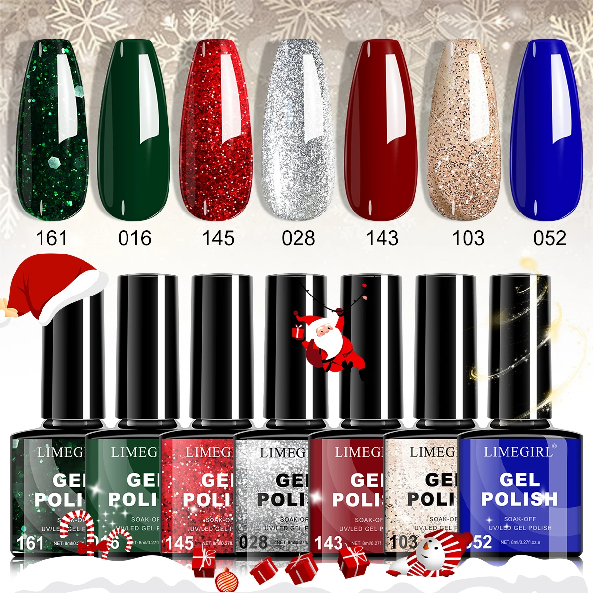 LIMEGIRL 7-teiliges Weihnachts-Gel-Nagellack-Set, wunderschöne Farbe, semi-permanent, zum Einweichen von UV-LED-Gel-Nagellack, Weihnachtsgeschenk