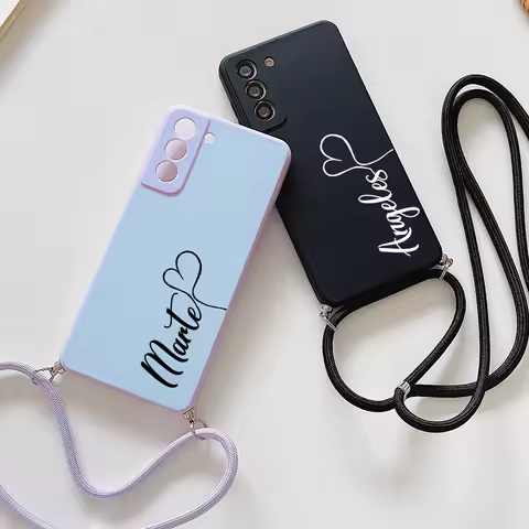 Custom Name Silicone Phone Funda For Samsung galaxy S23 S22 S21 S20 FE Ultra S10 S9 A14 A54 A12 A52 Love Rope Necklace Case