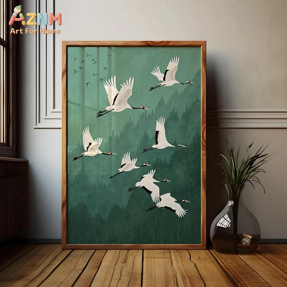 AZNM Green Oriental Red-crowned Crane Canvas Wall Art Chinese Style Forest Bird Abstract Art Print Living Room Home Decor Poster
