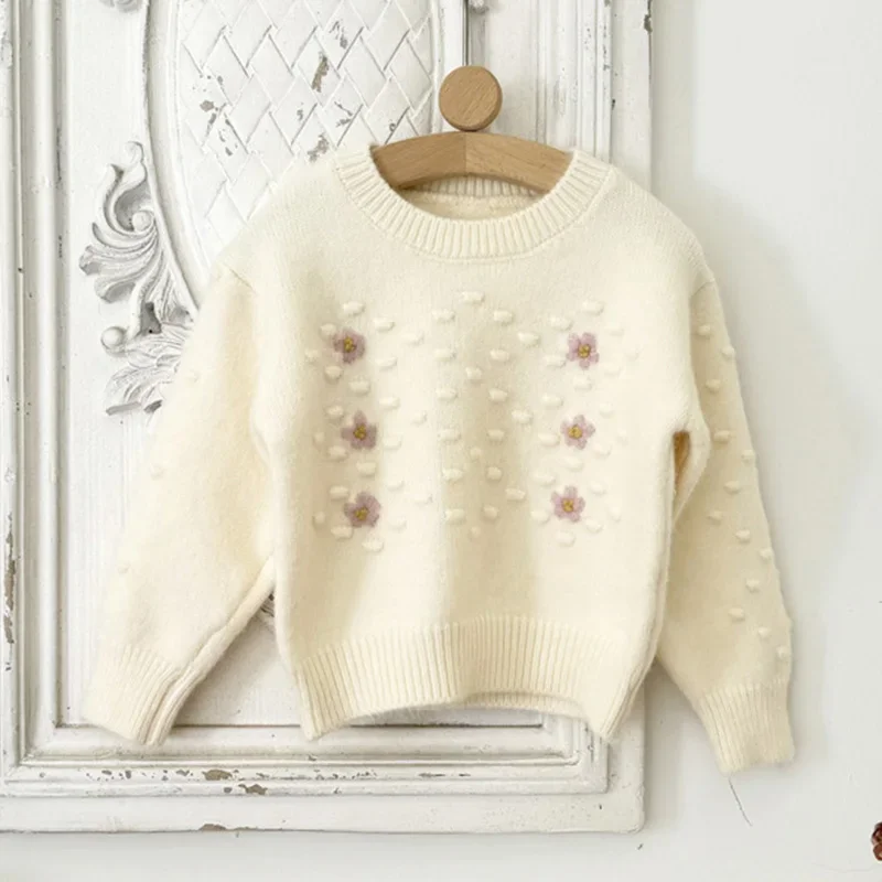 2025 New Cute Kids Baby Girls Sweaters Infant Long Sleeve Flower Embroidery Knit Pullover Toddler Tops Elastic Pullover Sweaters