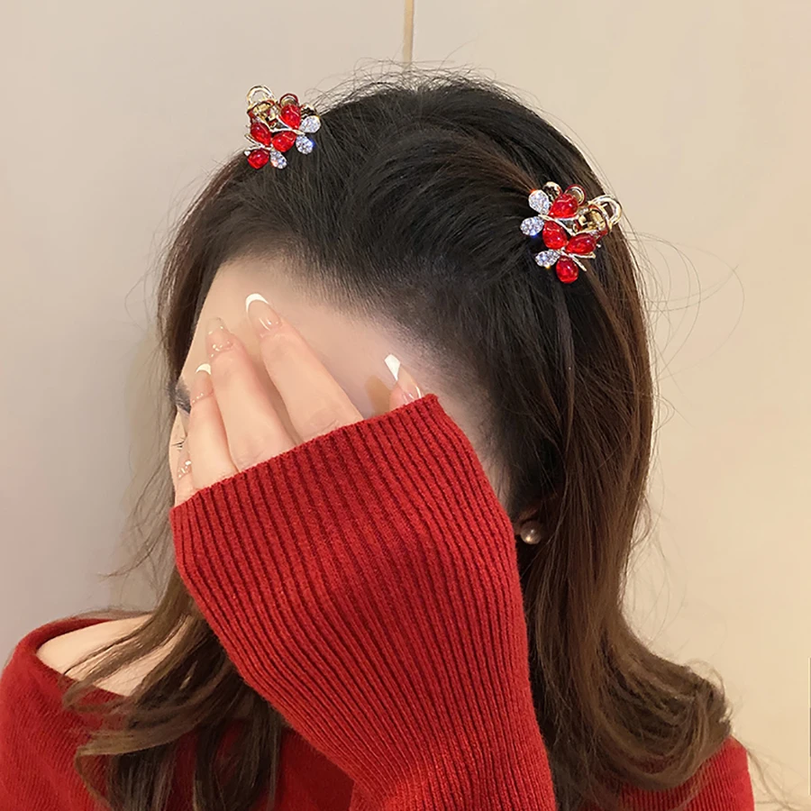 New Year Red Crystal Butterfly Small Hair Claw Women Side Bangs Alloy Hair Slide Autumn and Winter Festival Hair Accessories