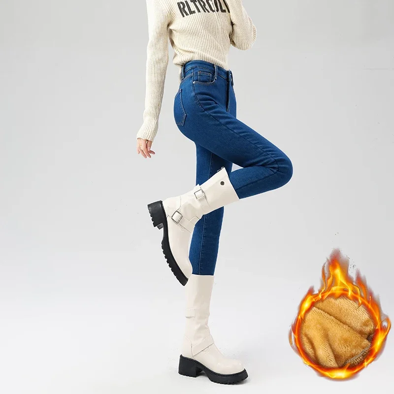 Frauen Fleece Warme Winter Jeans Verdicken Elastische Dünne Bleistift Hosen Mode Koreanische Dünne Plüsch Thermo Leggings Hosen – Detail 27