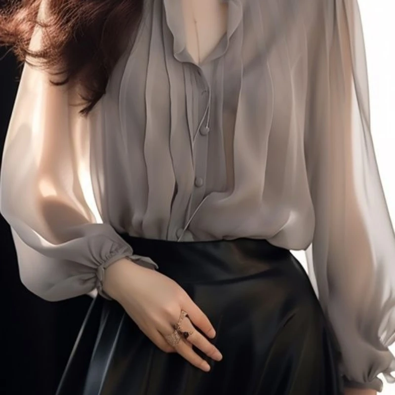 2024 NewSpring and Autumn Commuting Minimalist Fashion Chiffon Long Sleeved Solid Color Stand Collar Pleated Women's Shirt Top