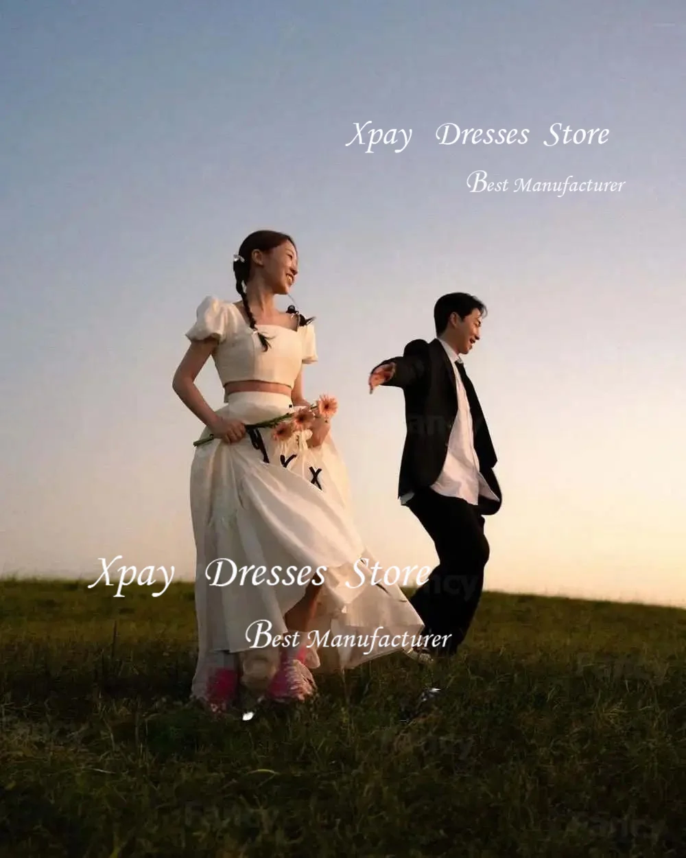 XPAY العاج 2 قطعة فستان الزفاف الرقبة المربعة كوريا فستان الزفاف تبادل لاطلاق النار الصورة لطيف ألف خط الانحناء ثوب العروس مخصص  ওয়েডিংডেস