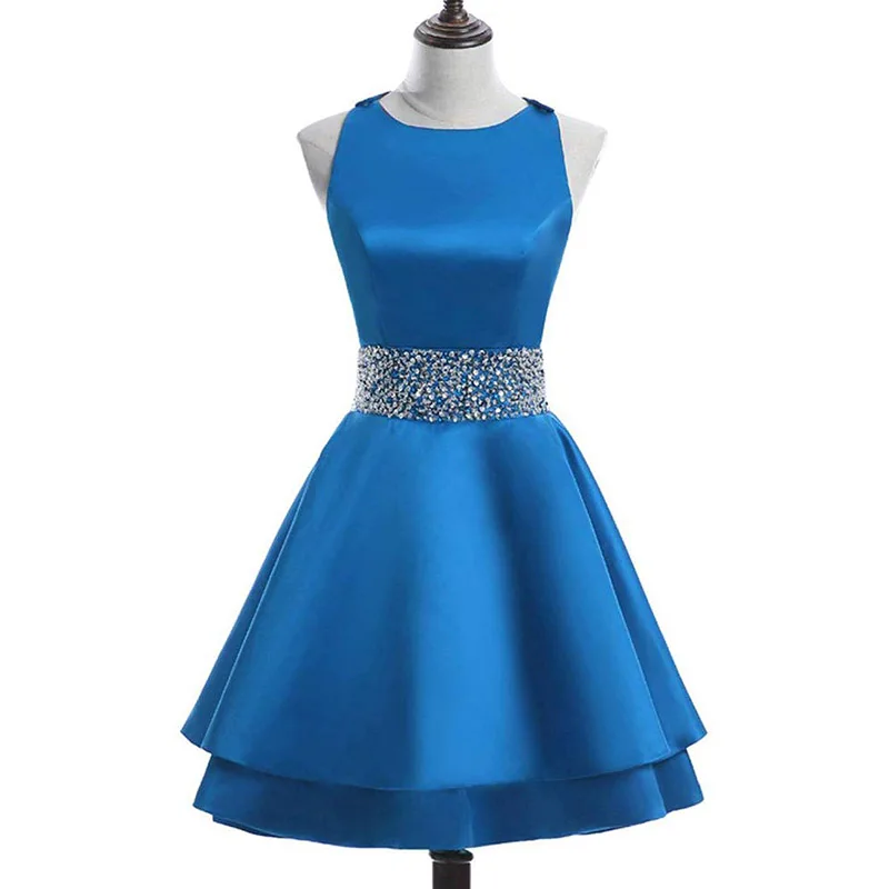 

High-Neck Short/Mini Homecoming Dresses Celebrity Beading Tiered Satin Special Occasion Graduation Princess Party Gowns