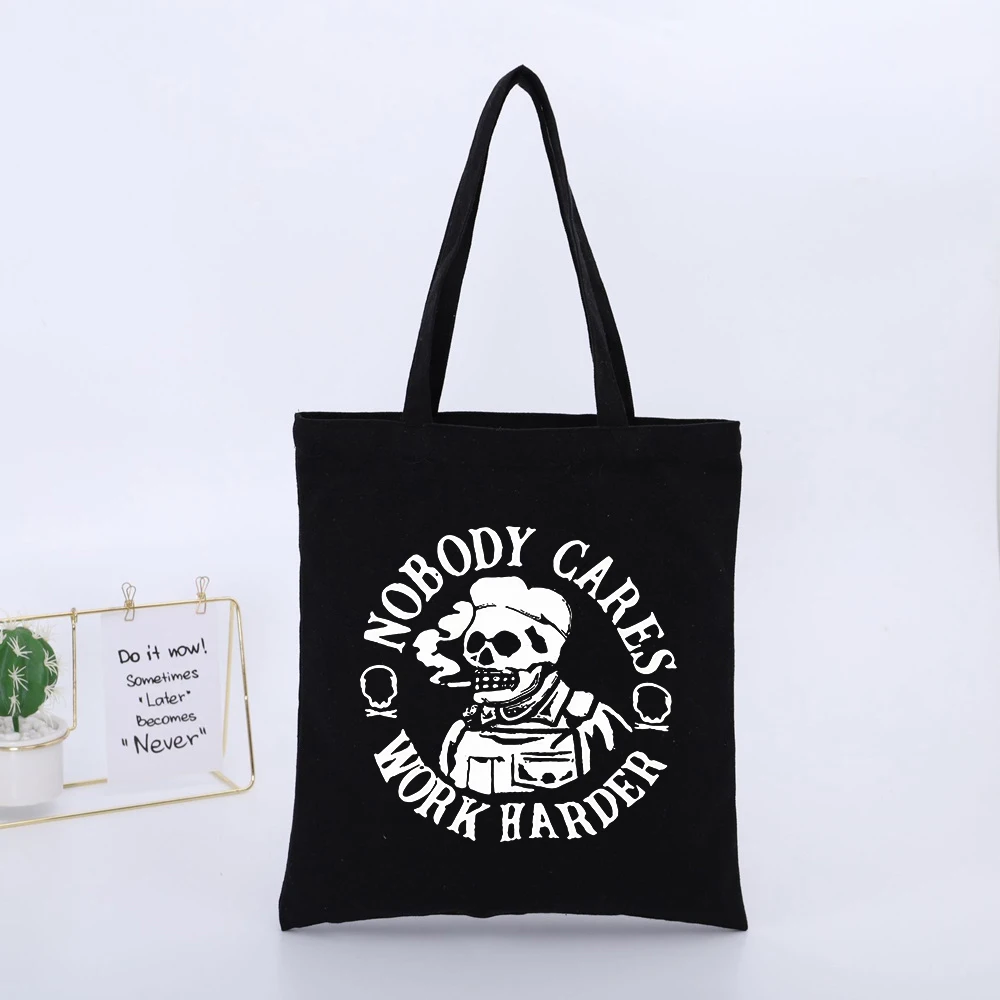 Skull Graphic Canvas Tote Bag with Slogan Print, Urban Streetwear Style for Daily Use
