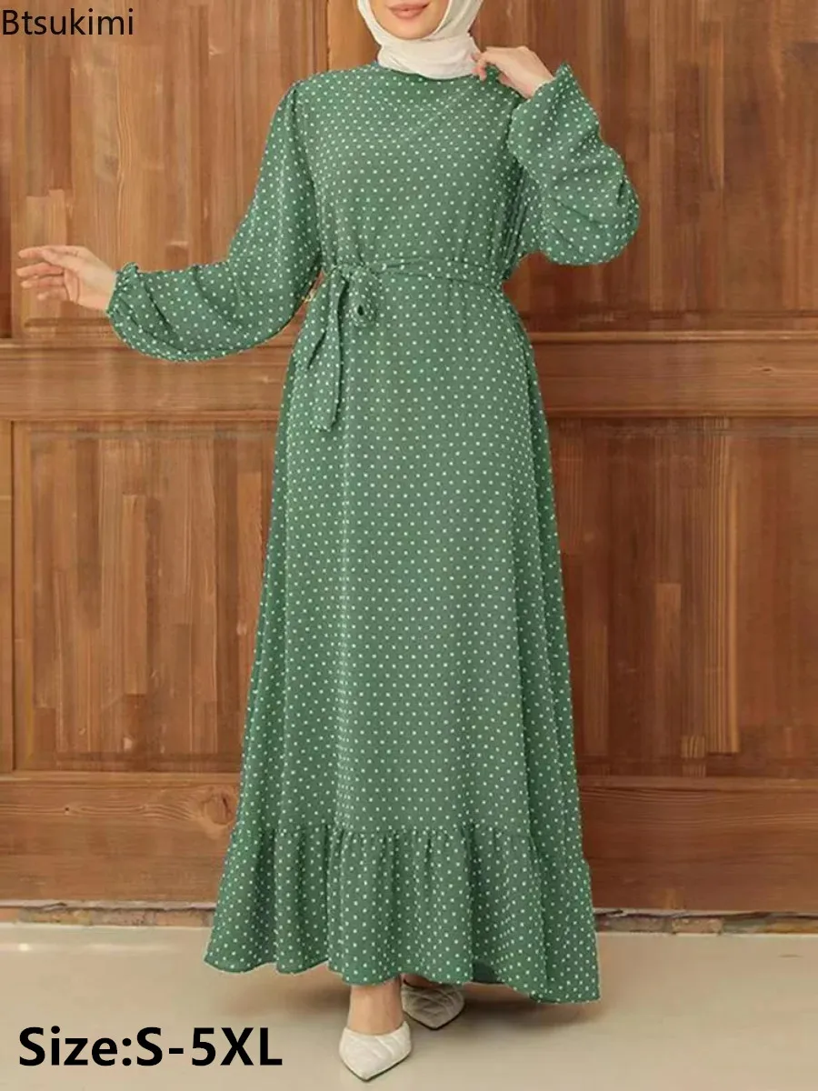 

New 2025 Women's Muslim Dress Elegant O-Neck Full Sleeve Ruffles Hem Sundress Polka Dots Print Muslim Dress Femme Fashion Dress